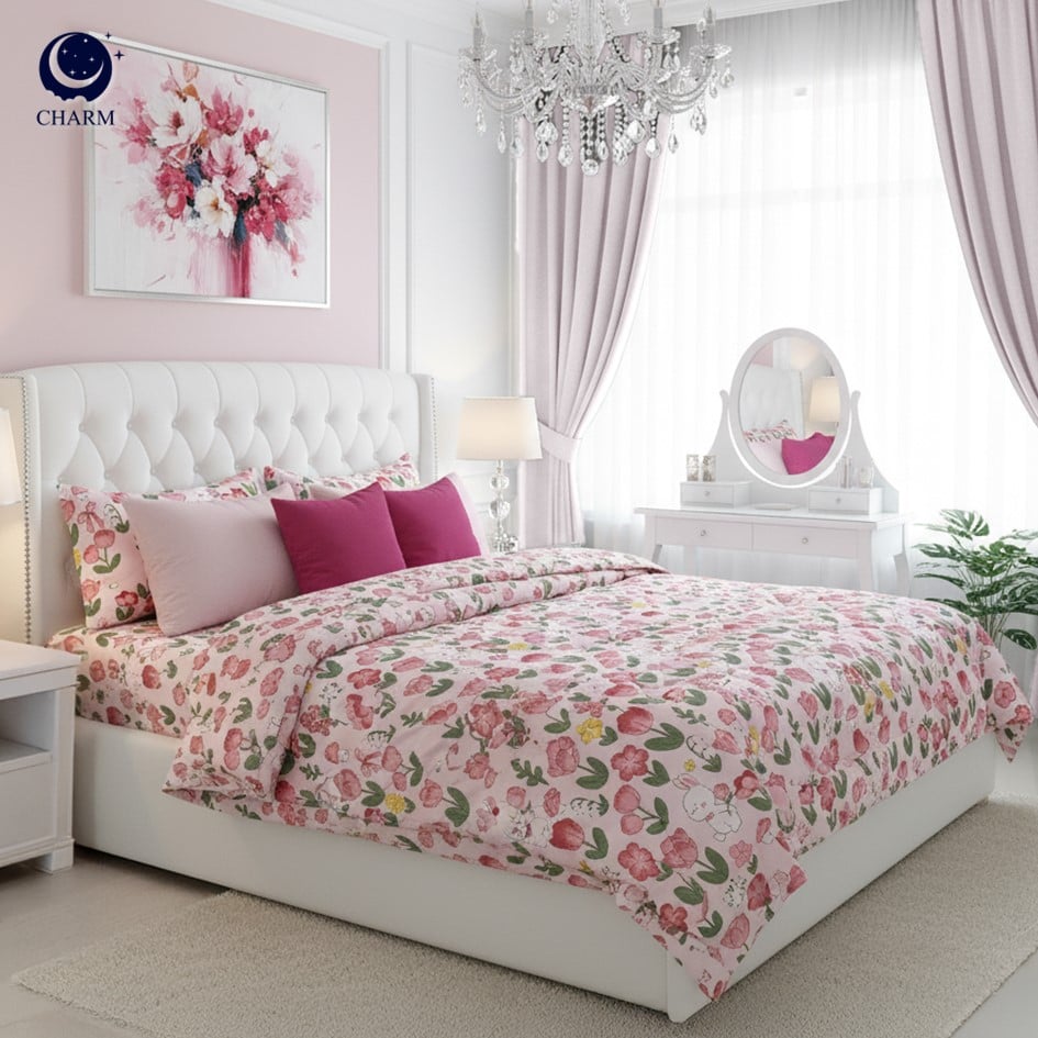 CHARM DREAMY ชุดผ้าปูที่นอน 6ฟุต 5ชิ้น ลาย PINK LILLIE – ผ้าปูที่นอน พร้อมปลอกหมอน (ไม่รวมผ้านวม)_9